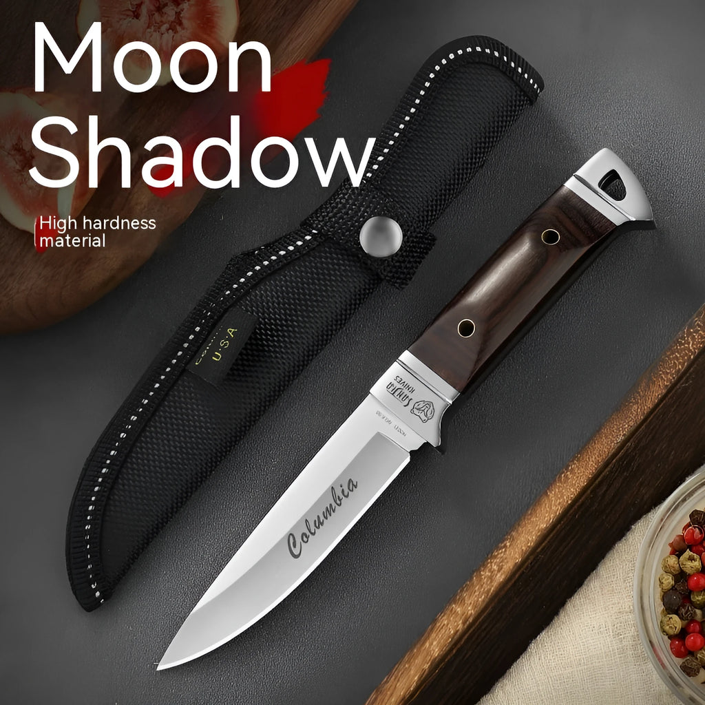 Stainless steel camping fruit knife with a leather protective case.