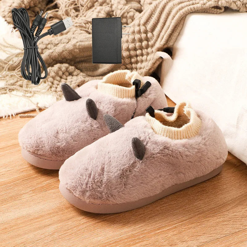 USB electric foot warmer slippers in black, grey, matcha green, and taro colours with soft velvet upper.