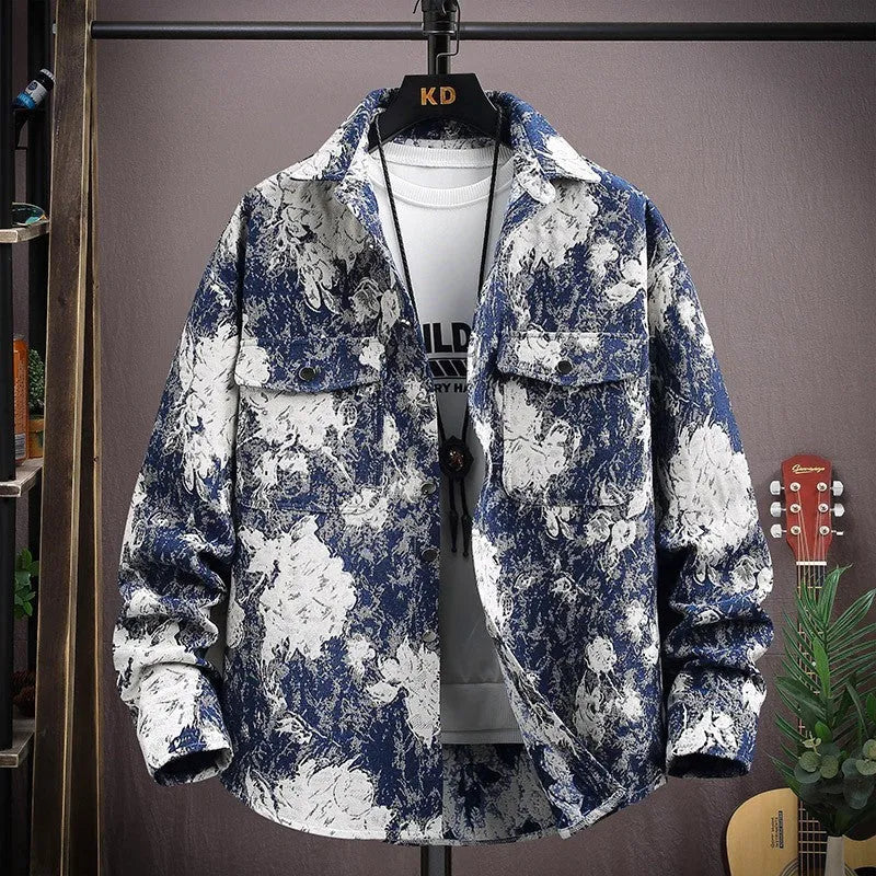 Casual lapel shirt coat in blue with long sleeves and straight hem on a hanger