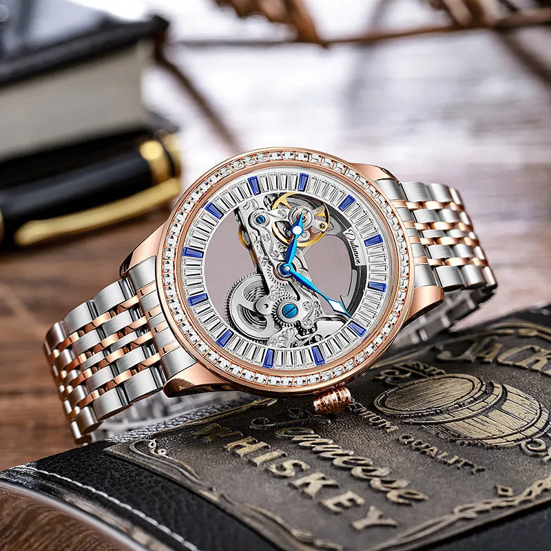 Men's luxury zircon mechanical watch with transparent case back on a black leather strap