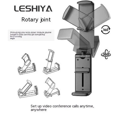 Foldable rotating universal phone holder in black, shown in an open position holding a mobile phone.