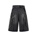 Distressed denim shorts with raw edge hem in light blue, shown in a straight-leg cropped fit.
