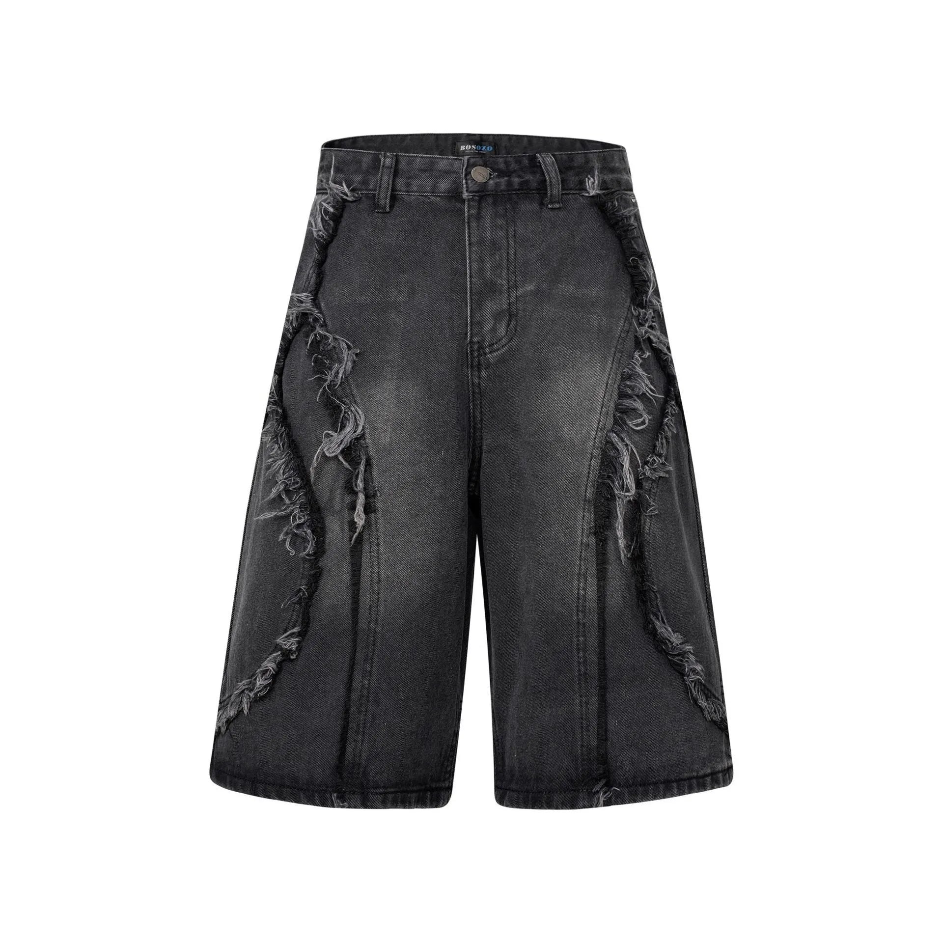 Distressed denim shorts with raw edge hem in light blue, shown in a straight-leg cropped fit.