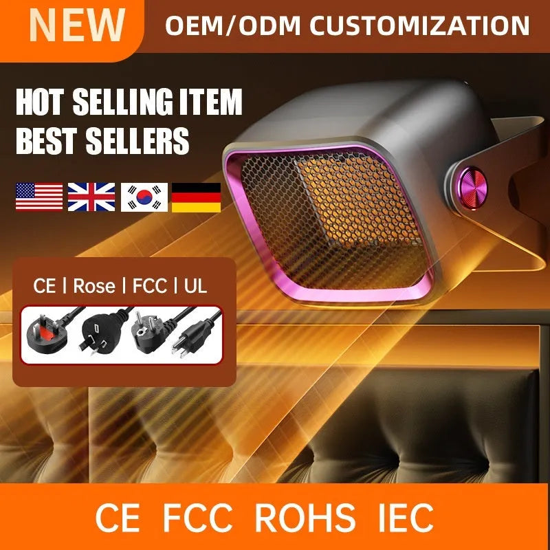 Compact white PTC ceramic desktop heater with oscillation function and push-button controls.