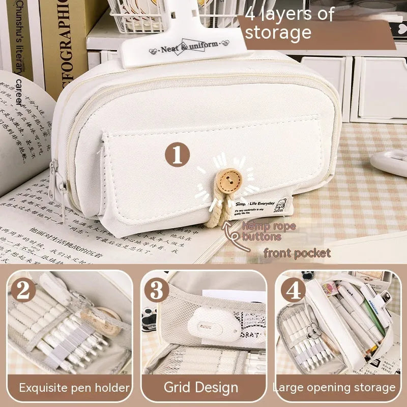 Korean style canvas pencil case in green holding multiple pens