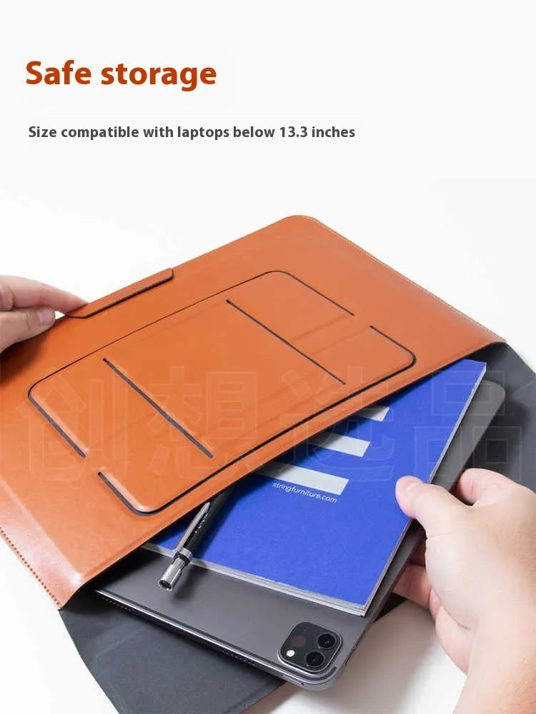 Brown and black 13.3-inch laptop bag with integrated adjustable stand bracket.