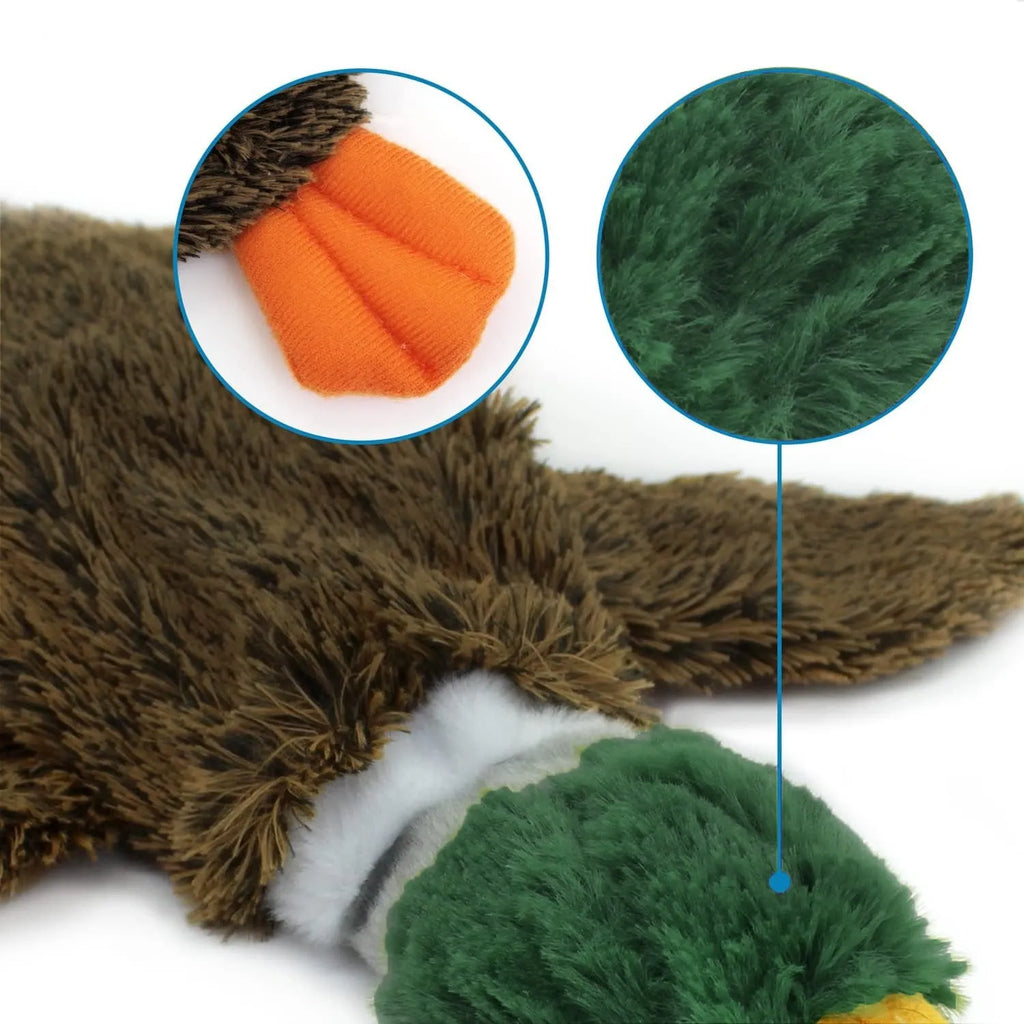 Green wild duck stuffless squeaky dog toy with soft plush fabric and dual squeakers