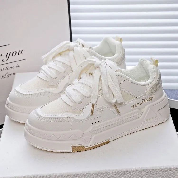 Children's thick sole board shoes in beige with lace-up front and cross shoulder straps