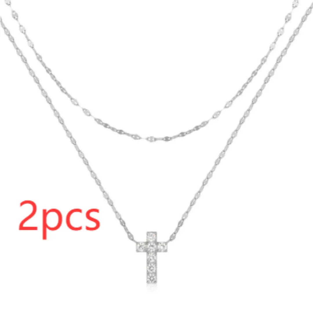S925 sterling silver double layer cross pendant necklace with diamond treatment in gold colour