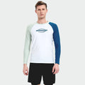 Men's white long-sleeved swim top with matching blue swimming trunks for beach sports.