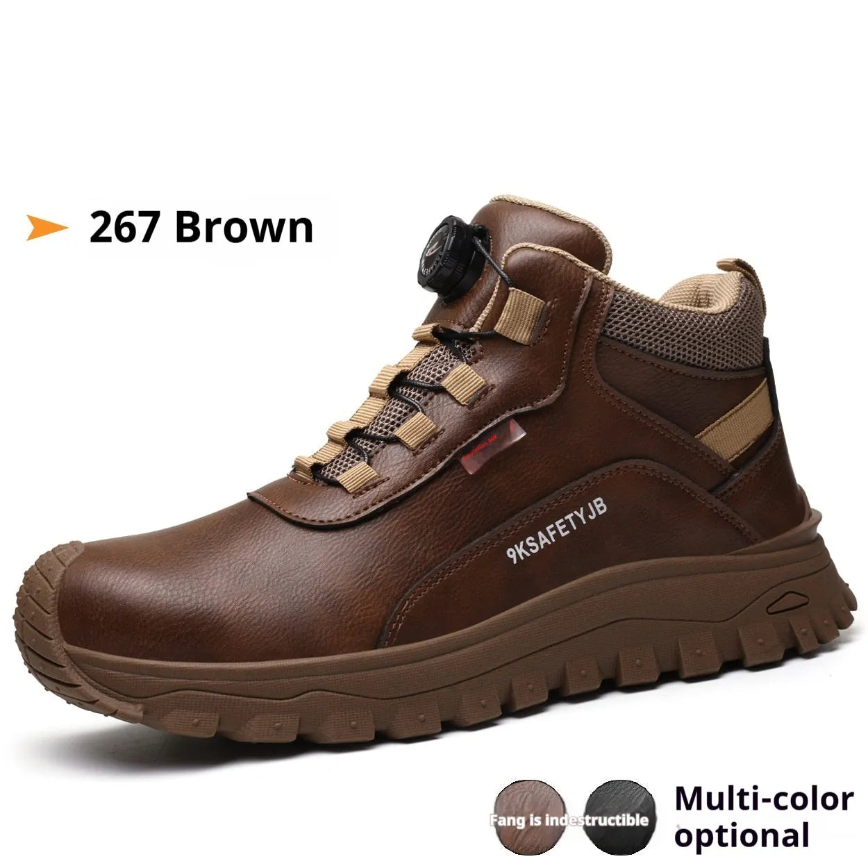 Leather safety work shoes with rubber soles in black, brown, grey, and khaki colours available in sizes 36-46