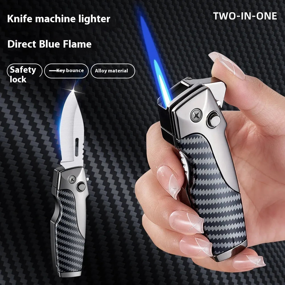 Zinc alloy folding knife and jet lighter multi-tool in black with wood grain finish, showing closed position.