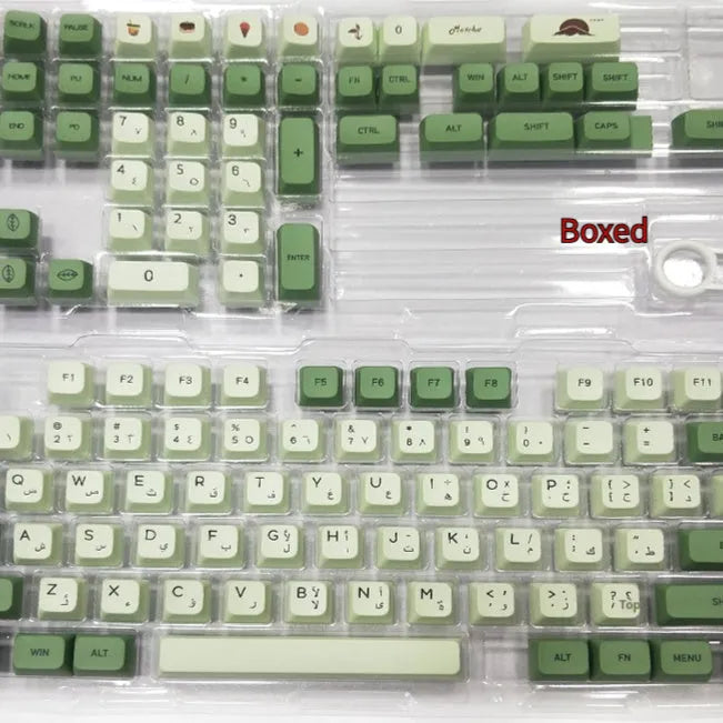 124 Key Matcha green and beige PBT keycap set for mechanical keyboards, showing multiple language layout options.