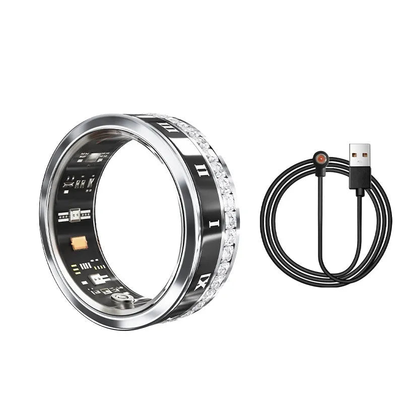 Diamond-inlaid smart ring with blood oxygen monitoring in gold and silver colour options