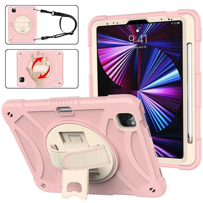 Rotating bracket strap silicone protective case for iPad in rose gold colour, showing the integrated stand.