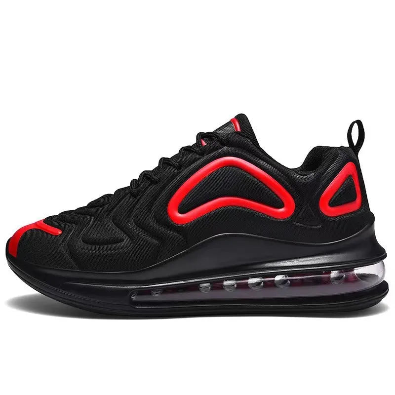 Men's black thick sole lace-up sneakers with a round toe and low-cut design.