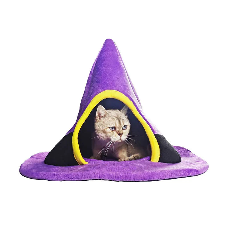 Purple cloth witch hat shaped cat bed for cats, shown with dimensions 60x46cm.