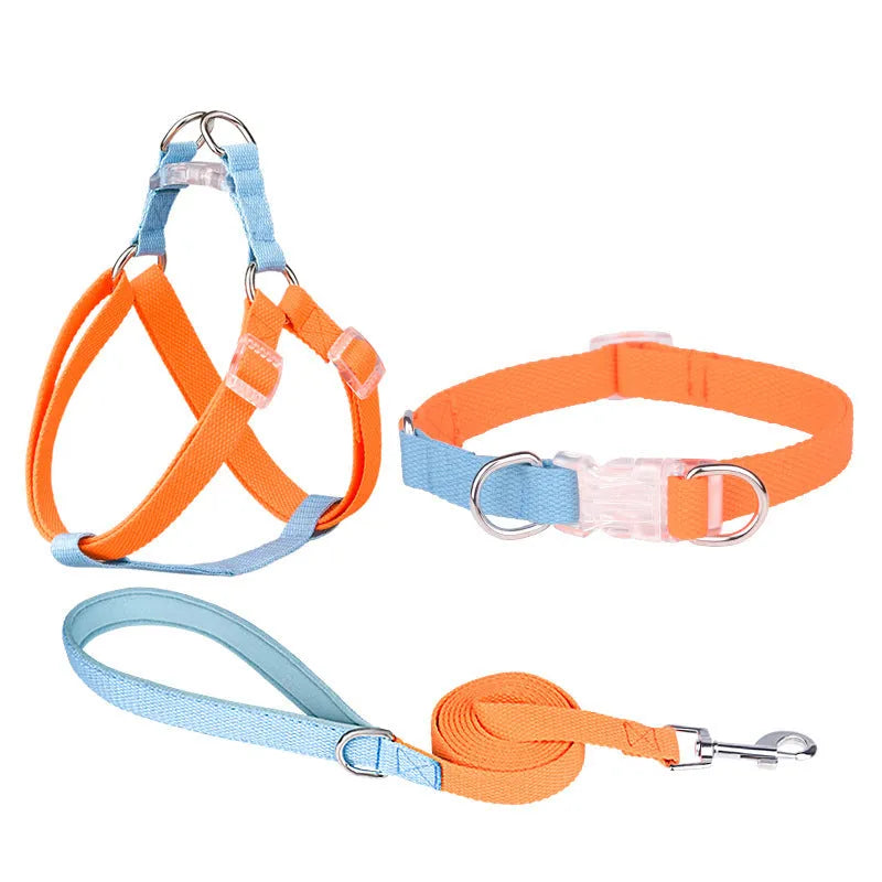 Polyester dog collar and leash set with chest strap in green and pink colour combination