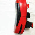 Black with red edges square martial arts hand target pad with a buckle strap.