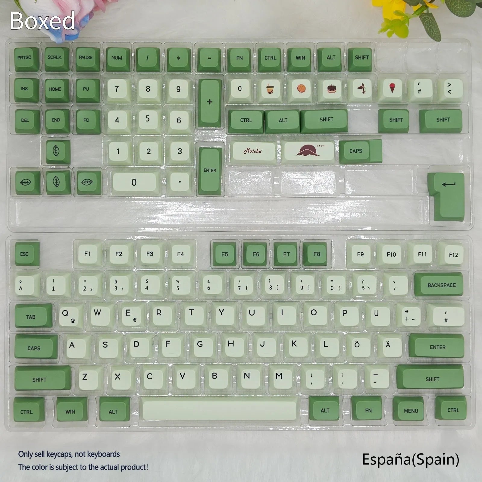 124 Key Matcha green and beige PBT keycap set for mechanical keyboards, showing multiple language layout options.
