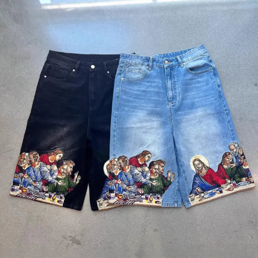 Blue men's cotton shorts with a Jesus graphic printed on the back pocket
