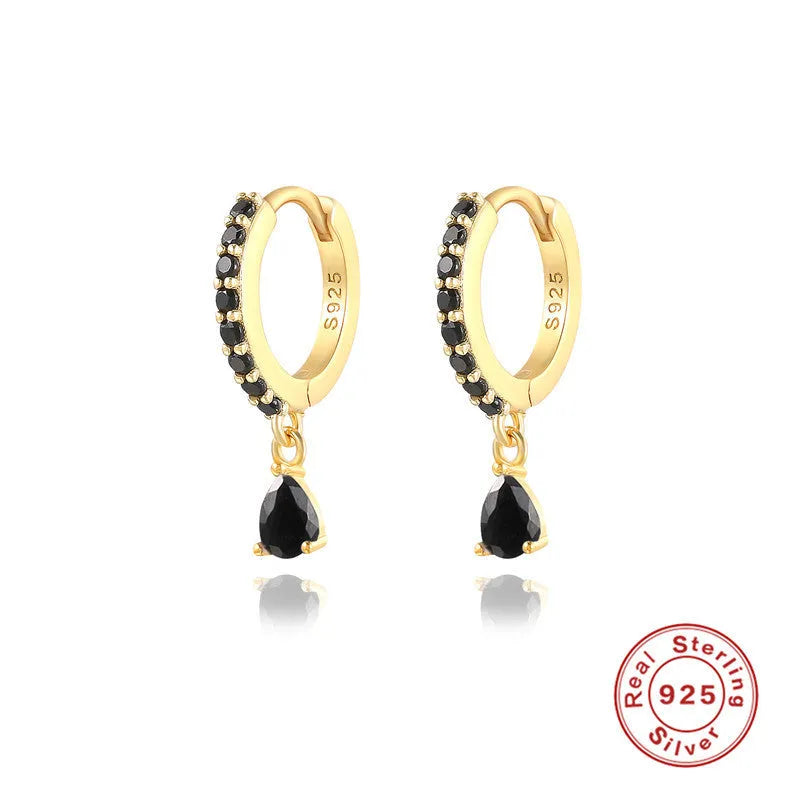 Geometric water drop earrings in Sterling Silver with electroplated gold finish and purple diamond stones