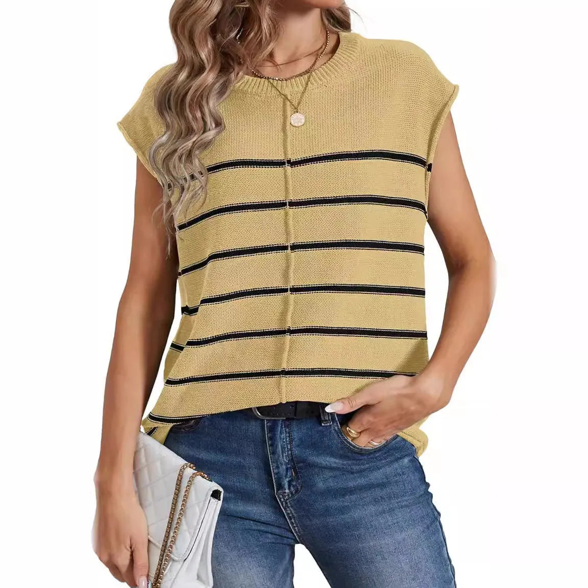 Women's striped sleeveless vest pullover top with bone stitch detail in apricot colour.