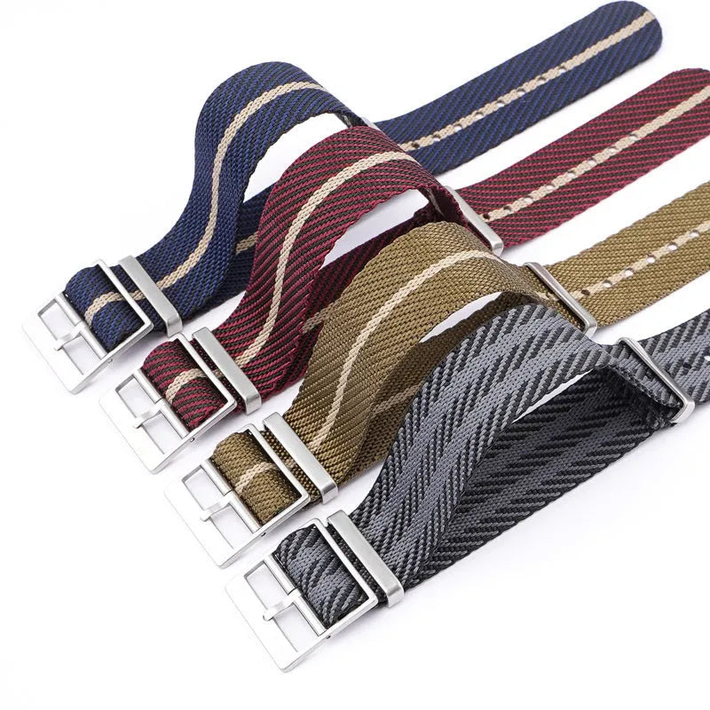 Nylon woven canvas watch strap with silver buckle in blue white yellow colour combination