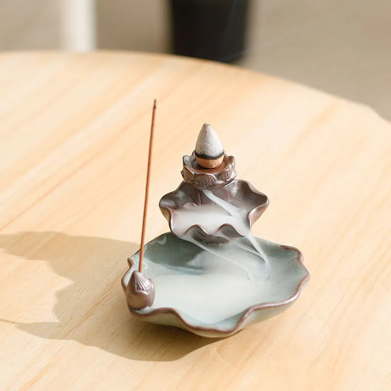 Purple clay ceramic incense burner with reverse flow design and crystal glaze decorations