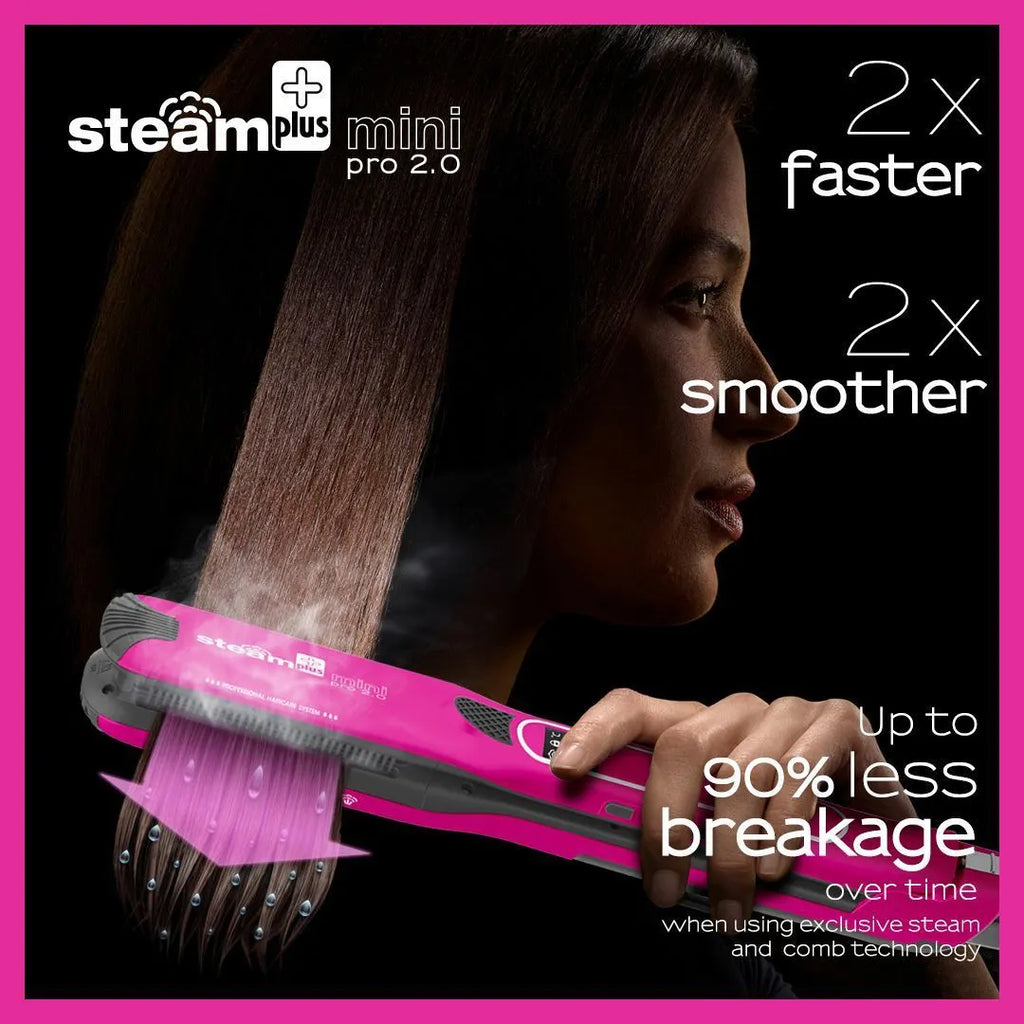 Mini steam spray hair straightener in purple, rose red or champagne colour with steam mist function