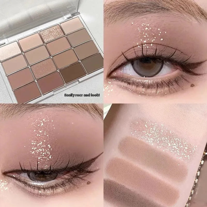 16 colours eye shadow plate with shimmer and matte finishes in multiple shades including pink and brown