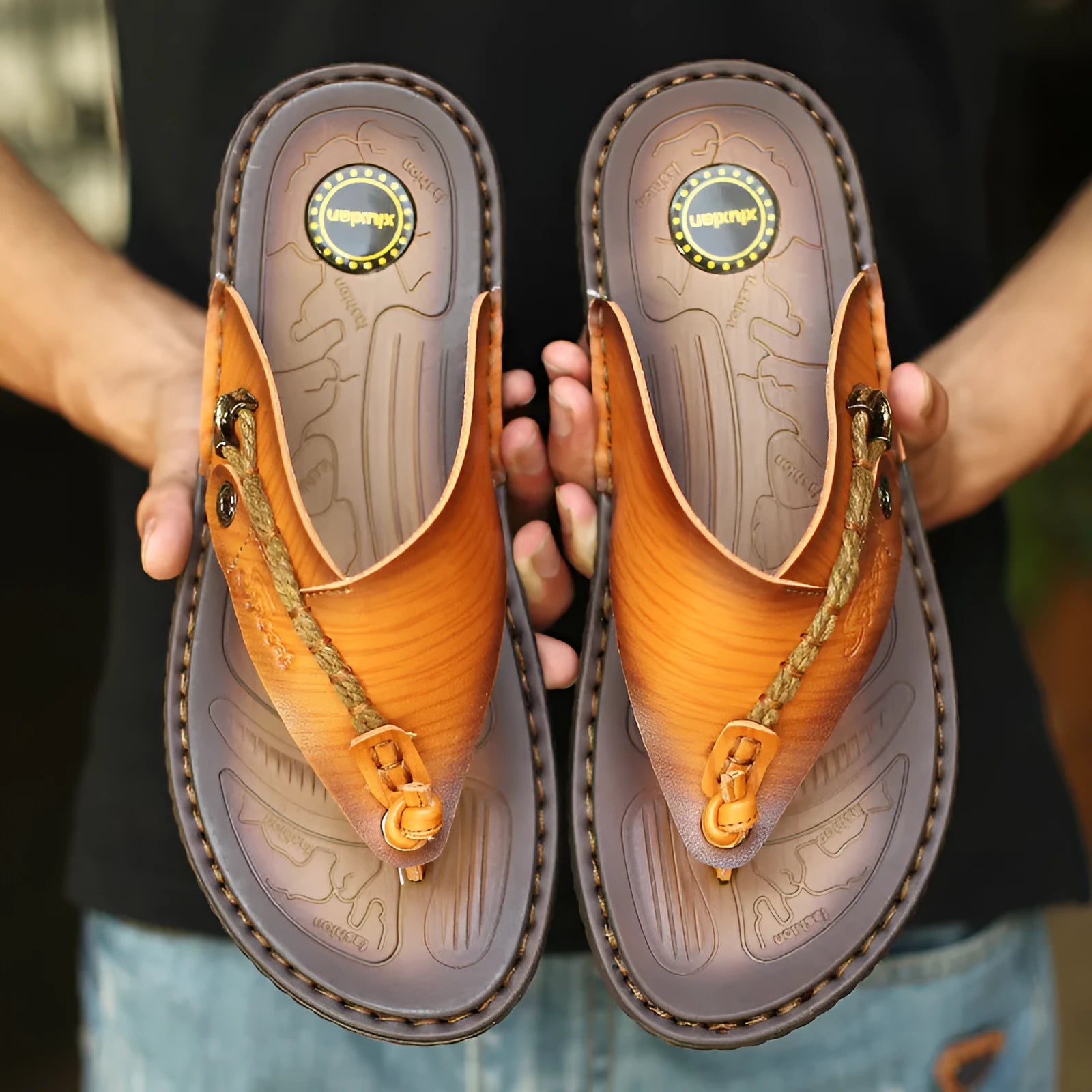 Men's herringbone-patterned outdoor slippers in dark blue with leather lining and rubber sole