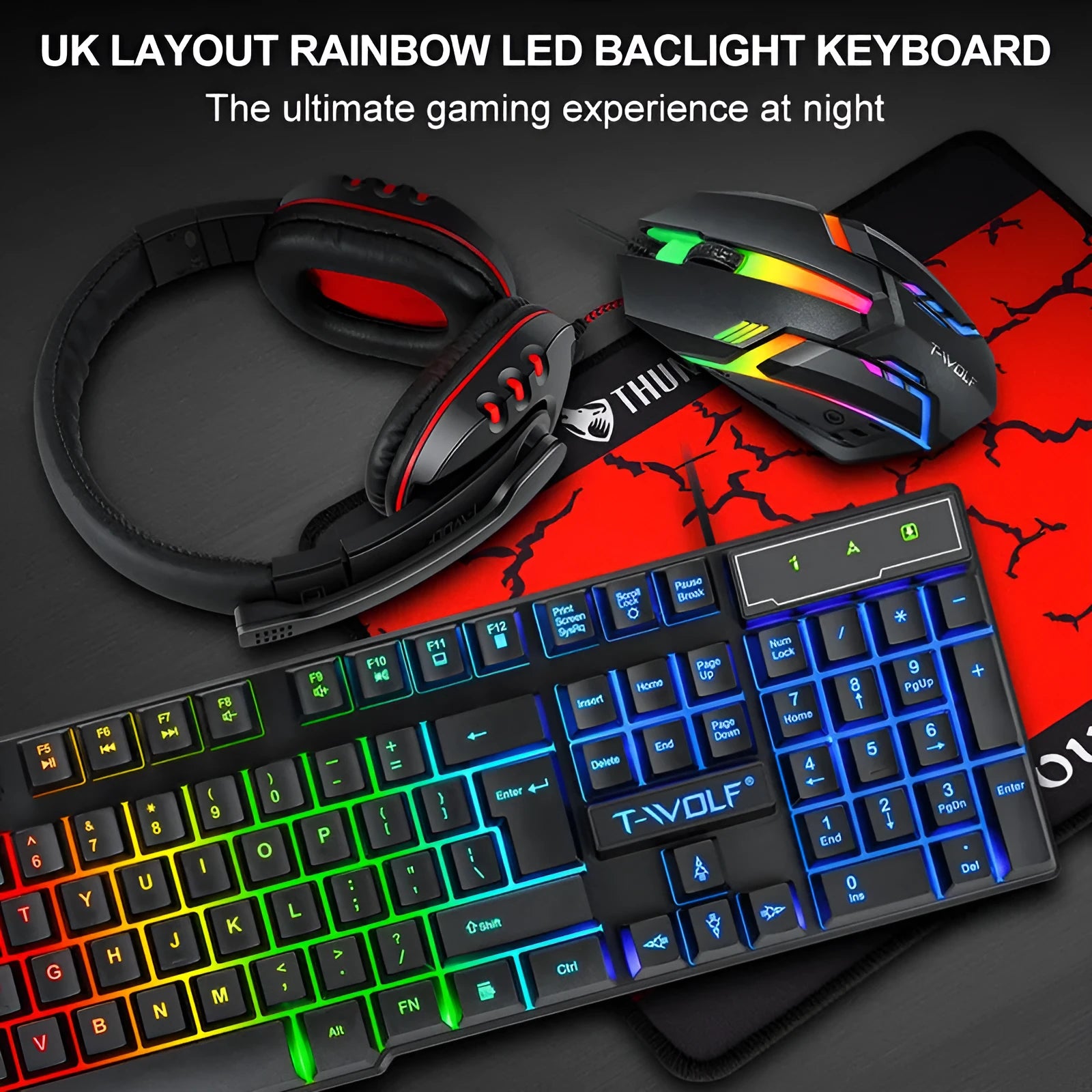 Thunder Wolf T800 gaming keyboard mouse combo set with backlit keys and included headset on mouse pad