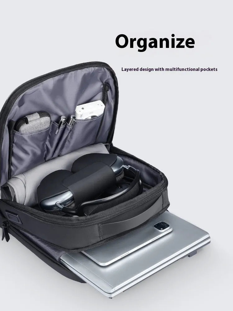 Graphite grey Oxford cloth USB charging business backpack with sewn thread detailing
