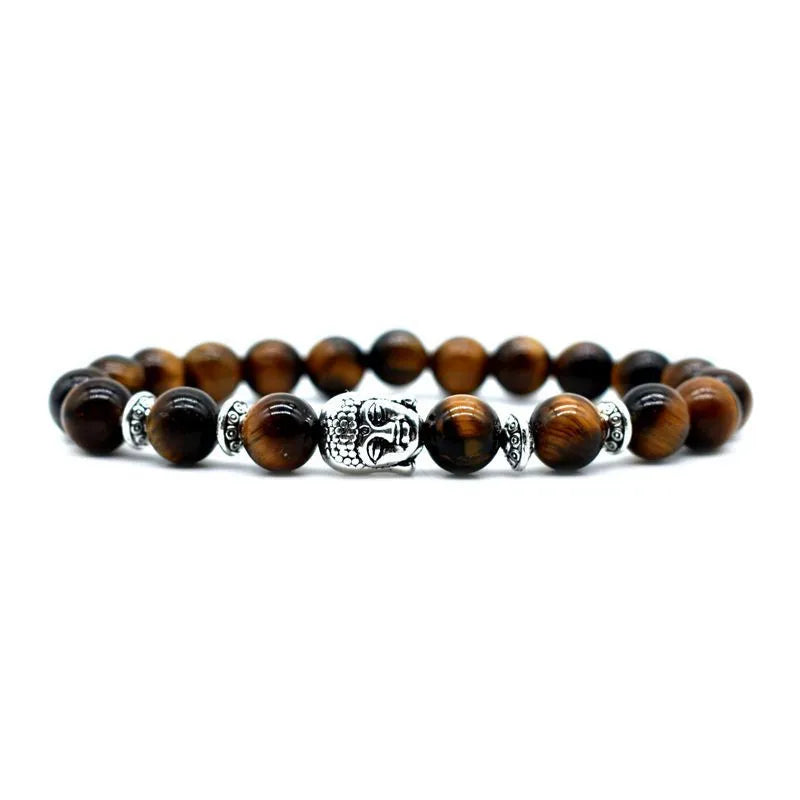 Tiger eye bracelet 19mm diameter with Buddha head charm on wrist
