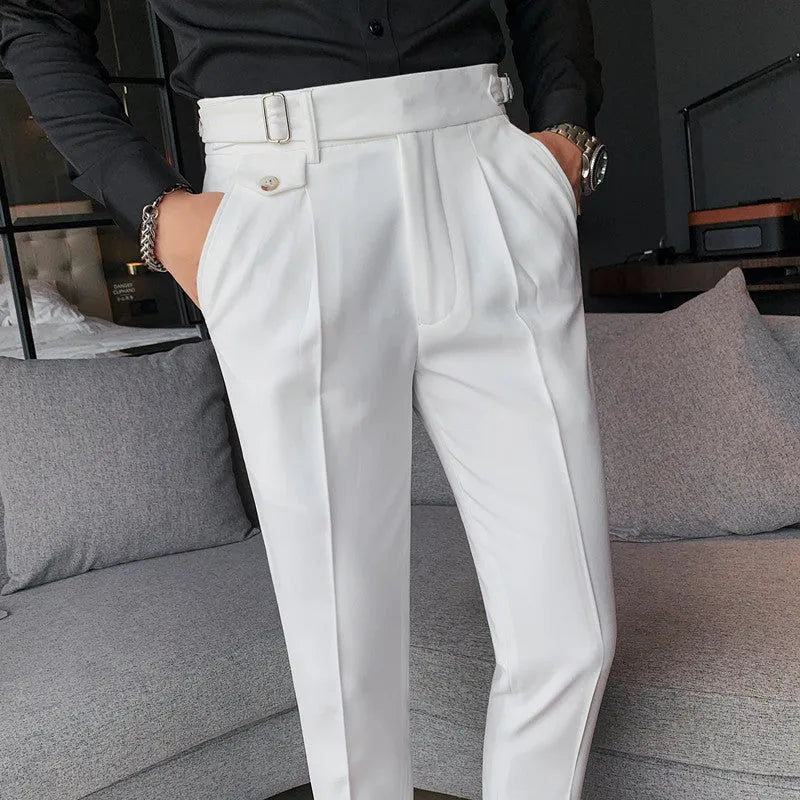 Men's straight-leg casual trousers in polyester fabric with elasticated waistband available in multiple solid colours