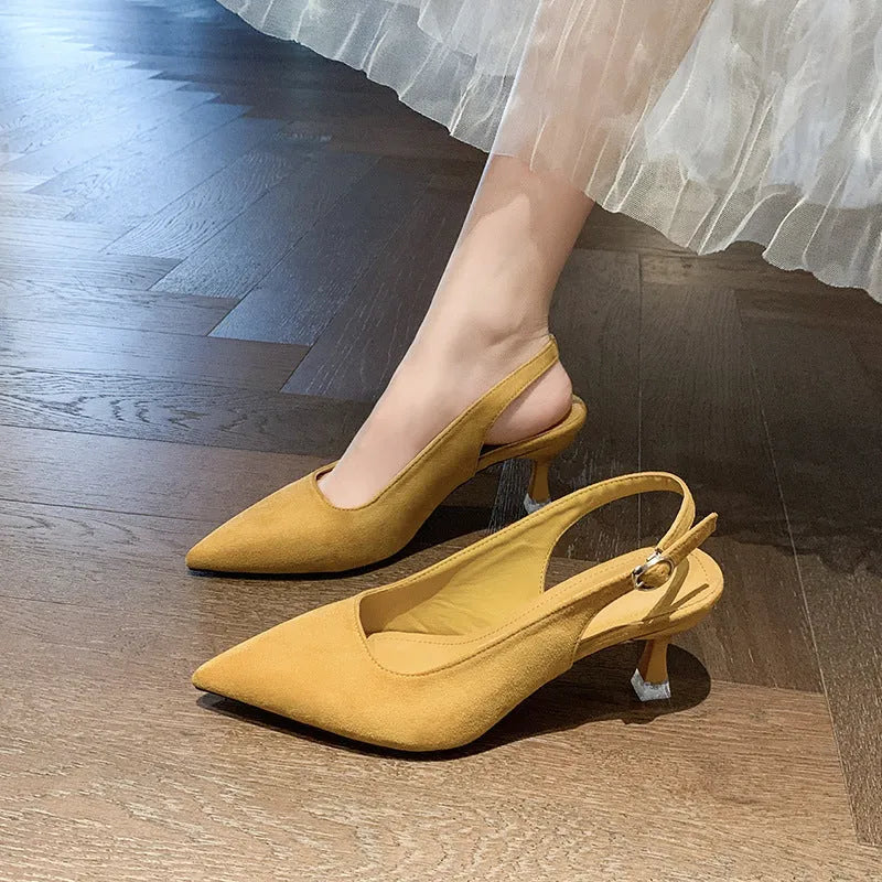 Women's suede stiletto high heels with pointed toe in apricot colour