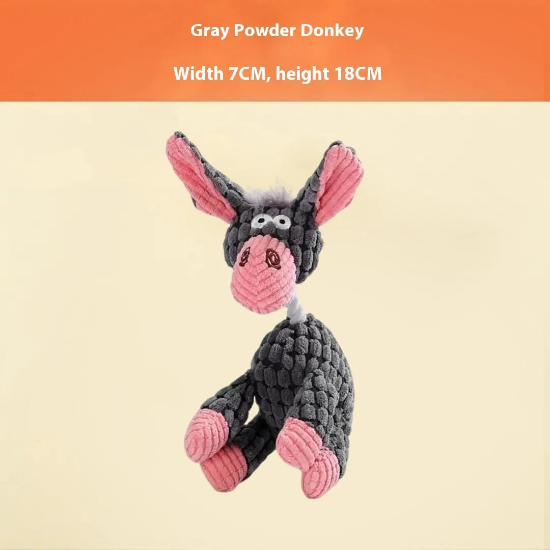 Bite-resistant plush puppy toy showing donkey, rechargeable duck, elephant, and dog styles
