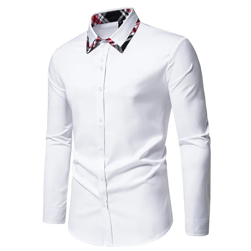 Men's plaid pattern casual shirt with triangle collar and long sleeves in polyester fibre blend fabric