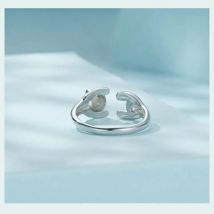 Sterling silver panda adjustable ring with white gold plating and open design