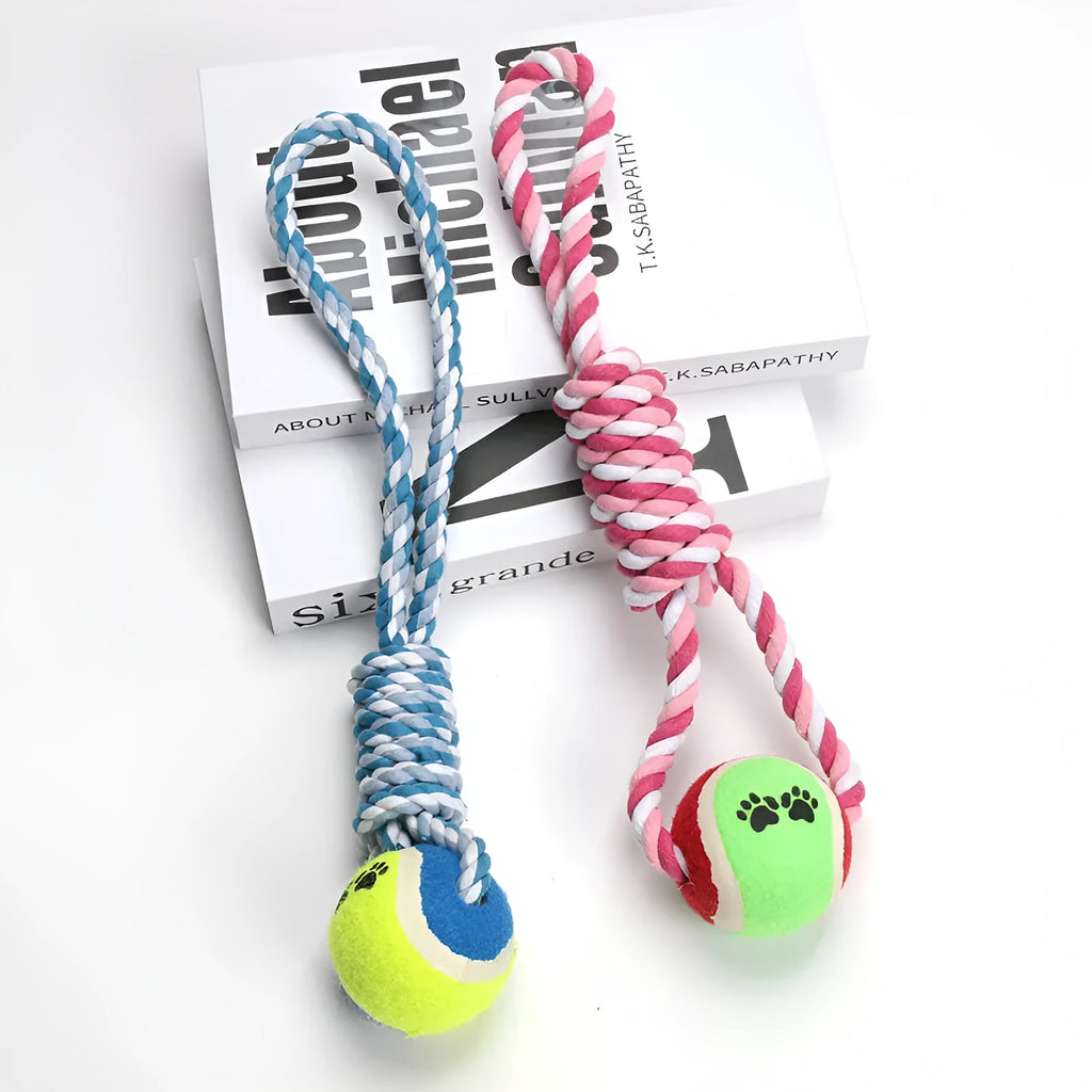 Red and white cotton string dog tug toy, approximately 38 cm long, for medium and large breeds.