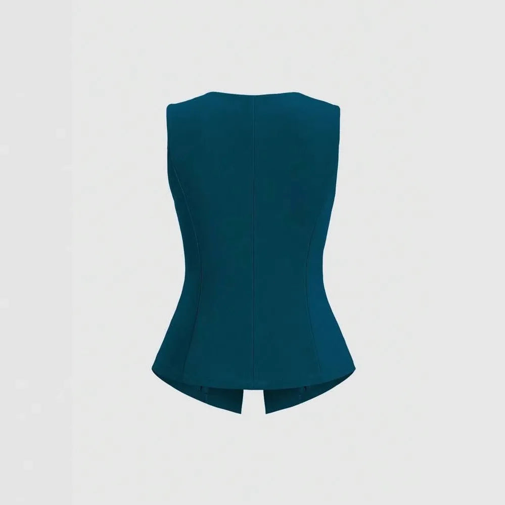 Women's cotton sleeveless vest round neck waist-tight fit solid colour black front view