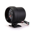 Black plastic universal automotive tachometer with blue light pointer and RPM scale.