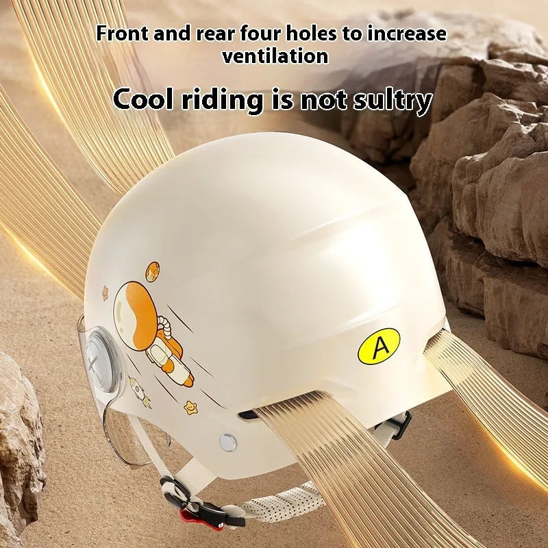 Khaki coloured ABS half helmet for electric motorcycles shown with different lens options.