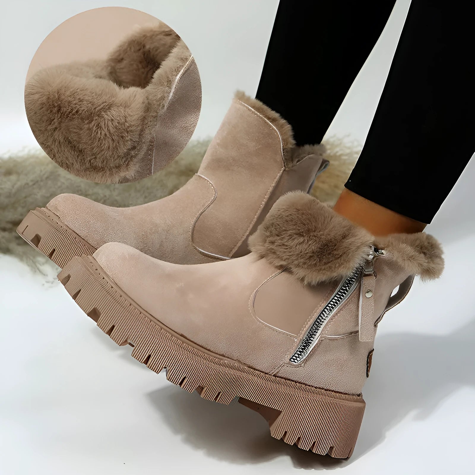 Women's black high-top snow boots with side zipper and thick plush lining on a winter background.