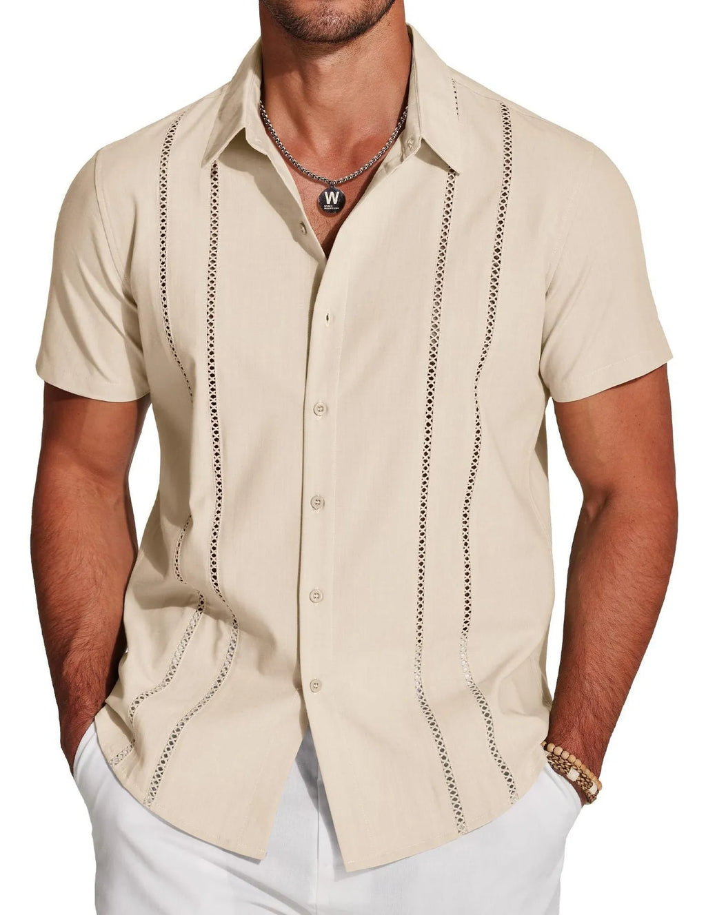 Men's slim fit Hawaiian short sleeve shirt with digital printed pattern and elastic polyester fabric