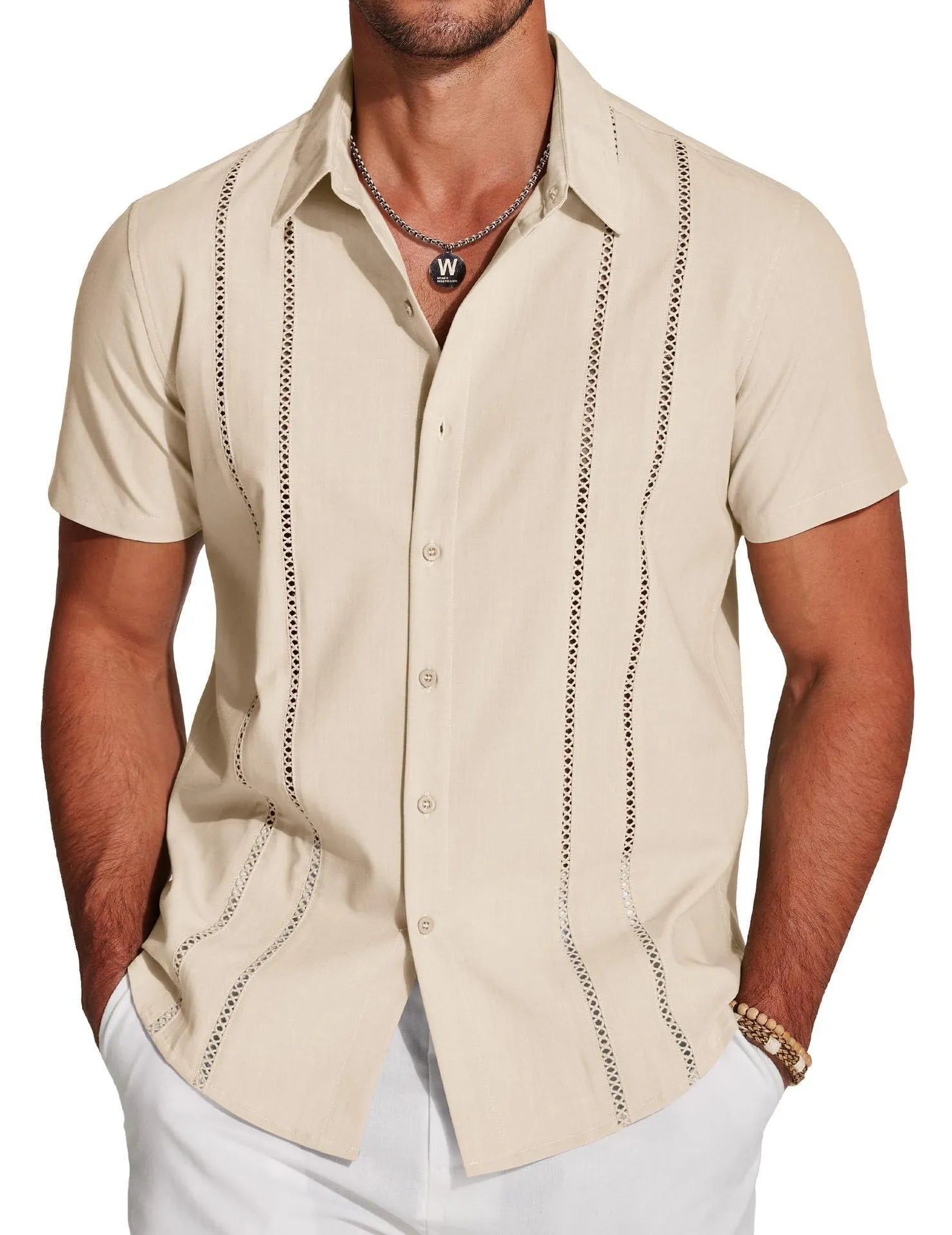 Men's slim fit Hawaiian short sleeve shirt with digital printed pattern and elastic polyester fabric