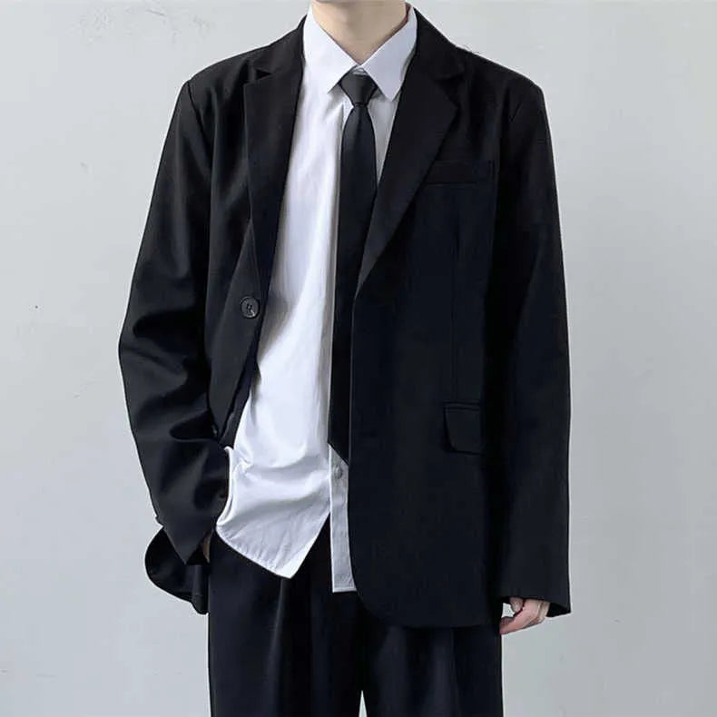 Men's plus size college style suit jacket and trouser set with white shirt and tie in loose fit design