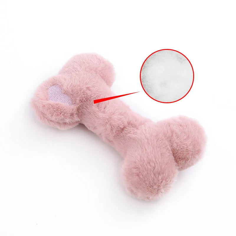 Blue plush bone-shaped dog toy with a squeaker for interactive bite-resistant play