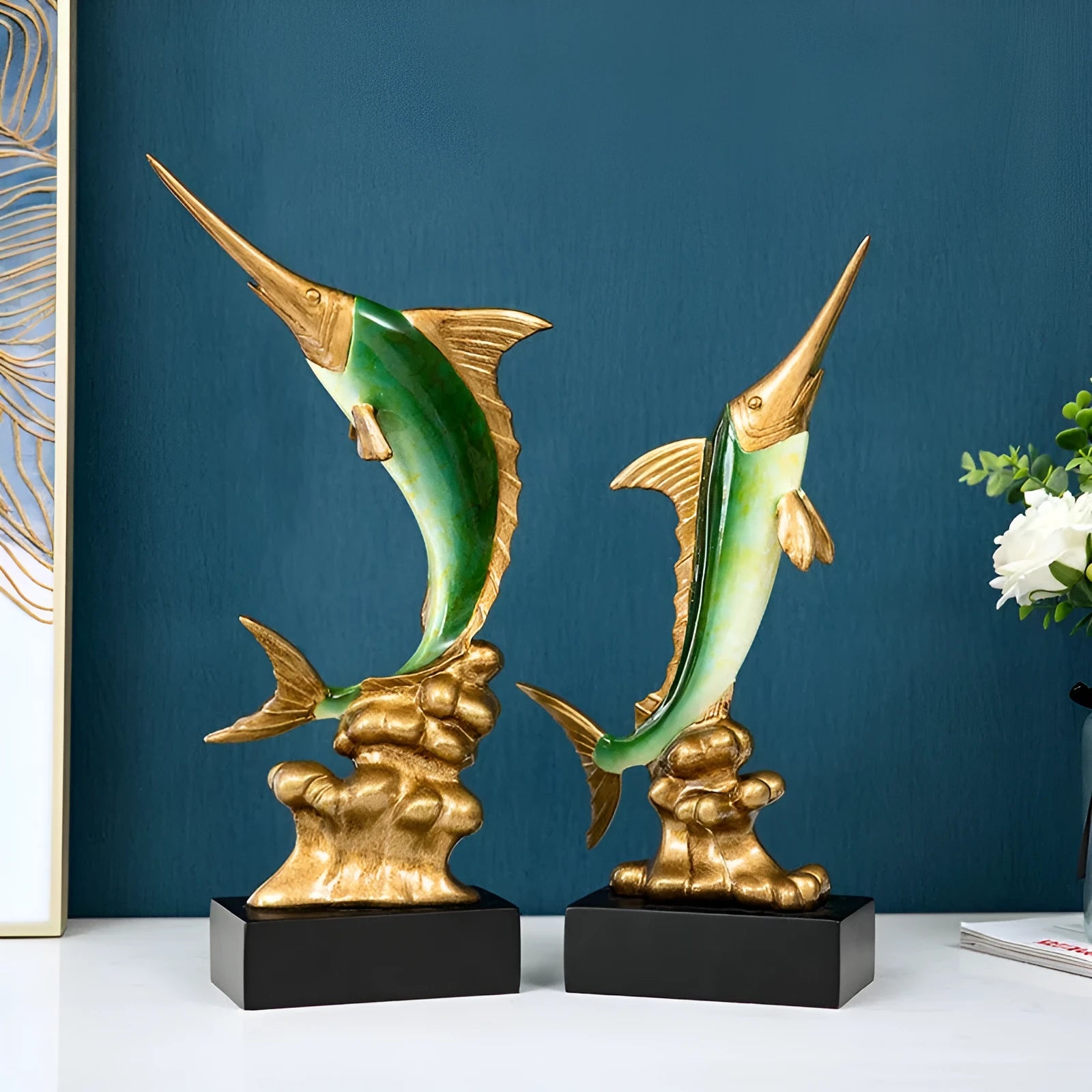 European stylised swordfish resin and plastic decorative ornament on a shelf.